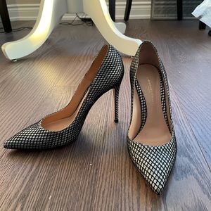Gianvito Rossi silver w/ black fishnet pumps